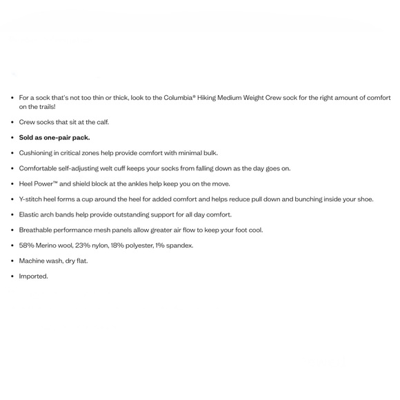 NWT- Columbia Medium Weight Merino Wool Hiking Crew Socks - Picture 2 of 5